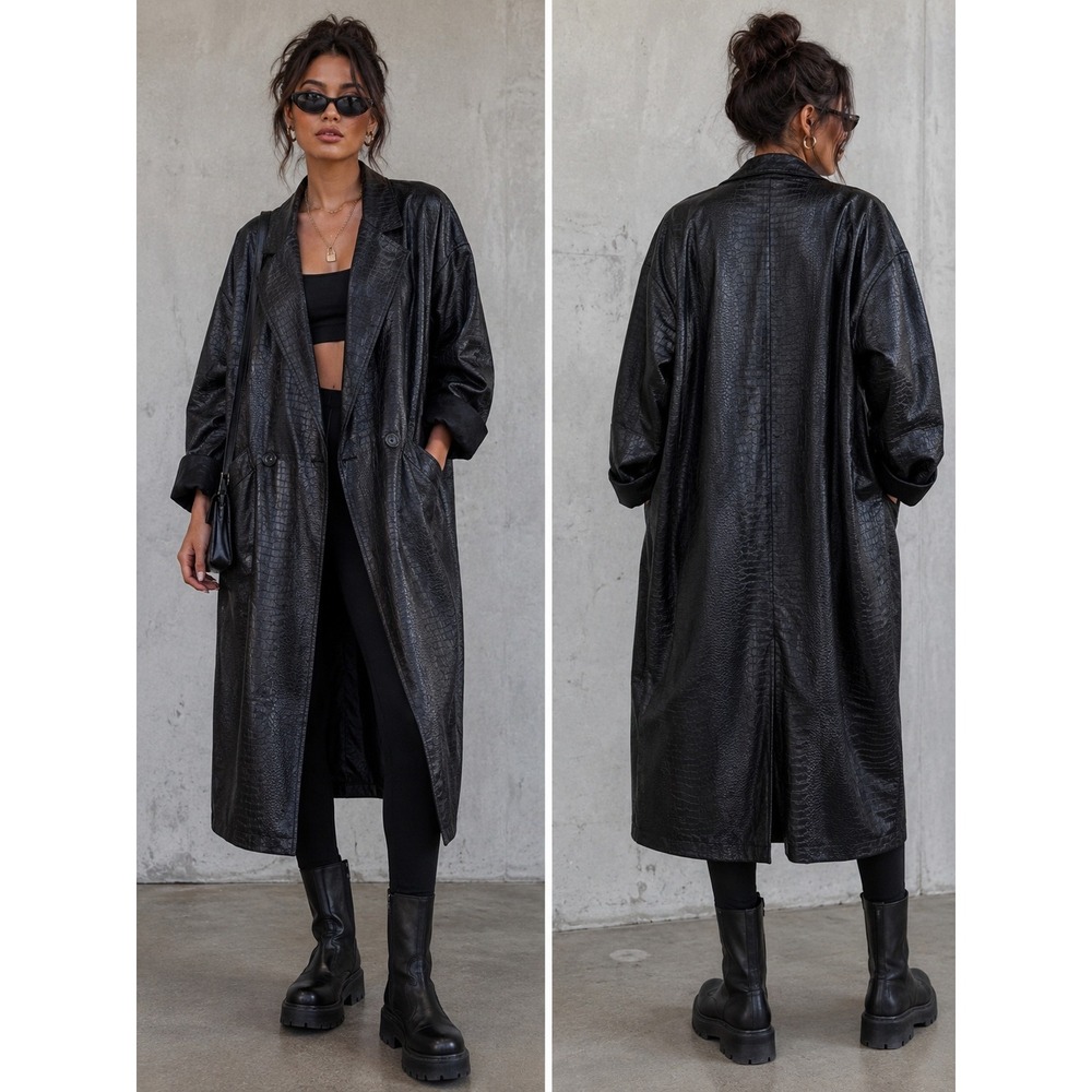 80s Black Faux Python Trench Coat Goth Minimalist Oversized Midi Jacket‎ Size 6